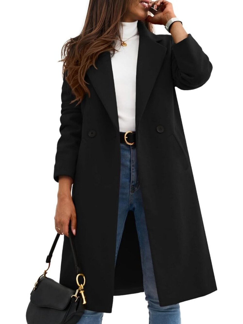Chic Women's Winter Wool Peacoat, Notch Lapel, Single-Breasted, Mid-Length Coat